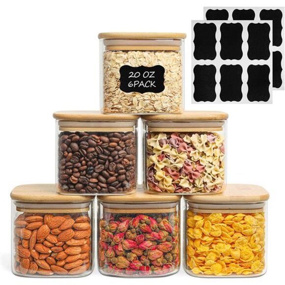 20 oz Glass Food Storage Jars Set of 6, Clear Storage Containers
